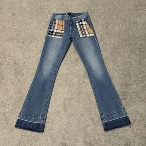 Kut from the Kloth 0 Jeans Lindsey Plaid Pockets Raw‎ Hem Mid Wash Blue